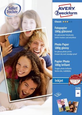 Avery Zweckform® 2496 Classic Inkjet Fotopapier - DIN A4, glänzend, 180 g/qm, 100 Blatt 2496