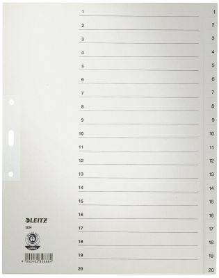 Leitz 1234 Zahlenregister - 1-20, Papier, A4 Überbreite, 20 Blatt, grau 1234-00-85