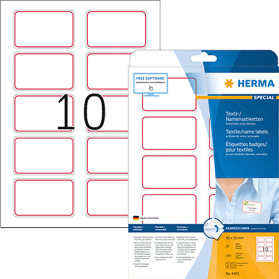 Herma 4405 Namensetiketten 80x50mm weiß mit rotem Rahmen Acetat-Seide A4 20 Blatt A4200 