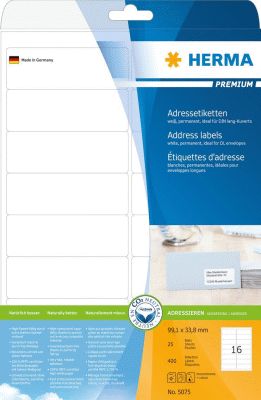 Herma 5075 Adressetiketten Premium A4, weiß 99,1x33,8 mm Papier matt 400 St. 5075