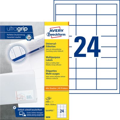 Avery Zweckform® 3658 Universal-Etiketten ultragrip - 64,6 x 33,8 mm, weiß, 2.400 Etiketten, permanent 3658