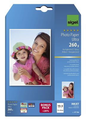 SIGEL Inkjet Fotopapier Ultra - 13x18 cm, hochglänzend, 260 g/qm, 18 Blatt IP706