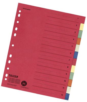 Falken Zahlenregister - 1-12, Karton farbig, A4, 6 Farben, gelocht mit Orgadruck 10615334