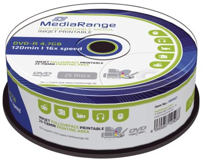 MediaRange DVD-R - 4.7GB/120Min, 16-fach/Spindel, bedruckbar, Packung mit 25 Stück MR407